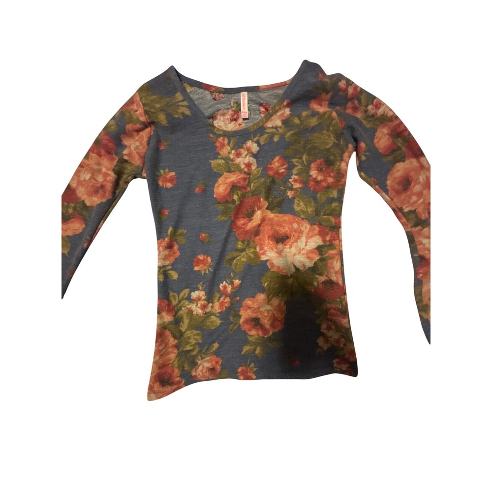 Sweet Floral Long Sleeve Top Blue Orange Rose Scoop Neck Small Made in USA